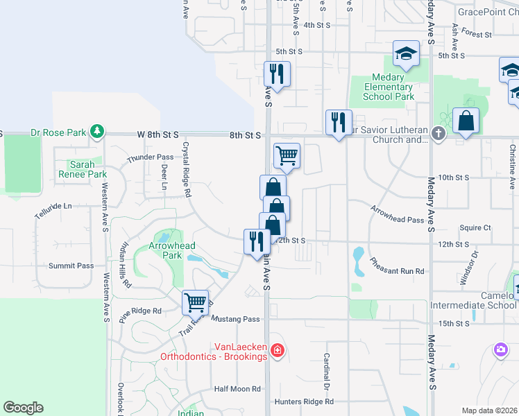 map of restaurants, bars, coffee shops, grocery stores, and more near 1022 Main Avenue South in Brookings