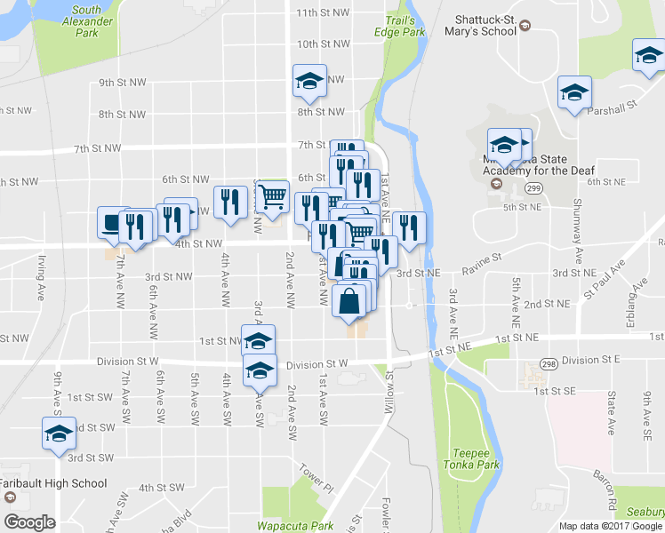 map of restaurants, bars, coffee shops, grocery stores, and more near 24 3rd Street Northwest in Faribault