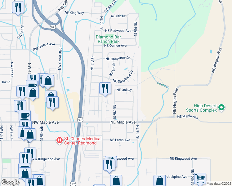 map of restaurants, bars, coffee shops, grocery stores, and more near 1851 Northeast 7th Street in Redmond