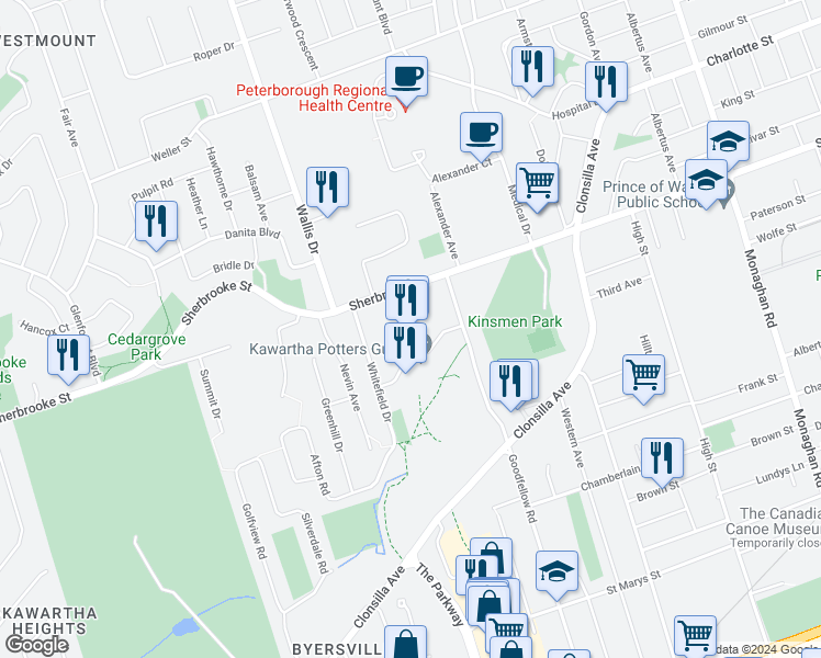 map of restaurants, bars, coffee shops, grocery stores, and more near 1189 Talwood Court in Peterborough