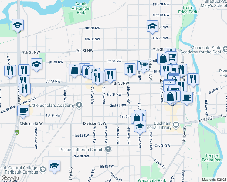 map of restaurants, bars, coffee shops, grocery stores, and more near 427 3rd Street Northwest in Faribault