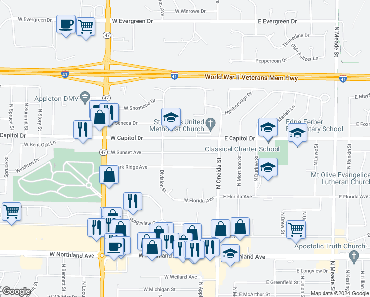 map of restaurants, bars, coffee shops, grocery stores, and more near 314 West Sunset Avenue in Appleton