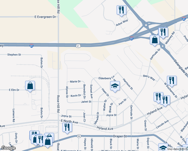 map of restaurants, bars, coffee shops, grocery stores, and more near 647 Sunset Avenue in Kaukauna