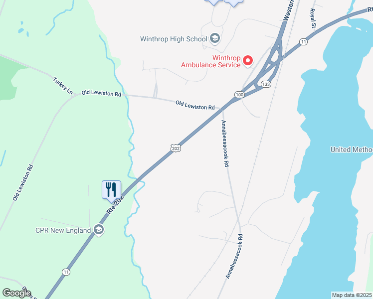 map of restaurants, bars, coffee shops, grocery stores, and more near 1367 Maine 11 in Winthrop