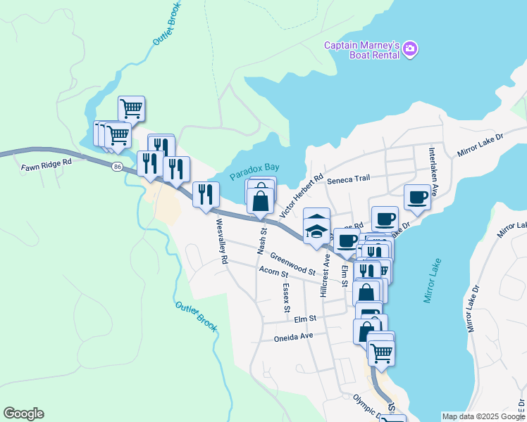map of restaurants, bars, coffee shops, grocery stores, and more near 2242 Saranac Avenue in Lake Placid