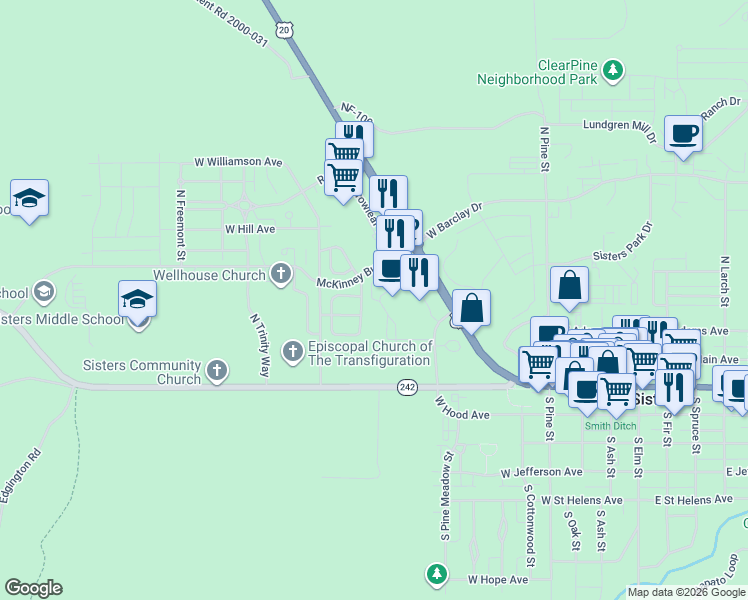 map of restaurants, bars, coffee shops, grocery stores, and more near 378 North Wheeler Loop in Sisters