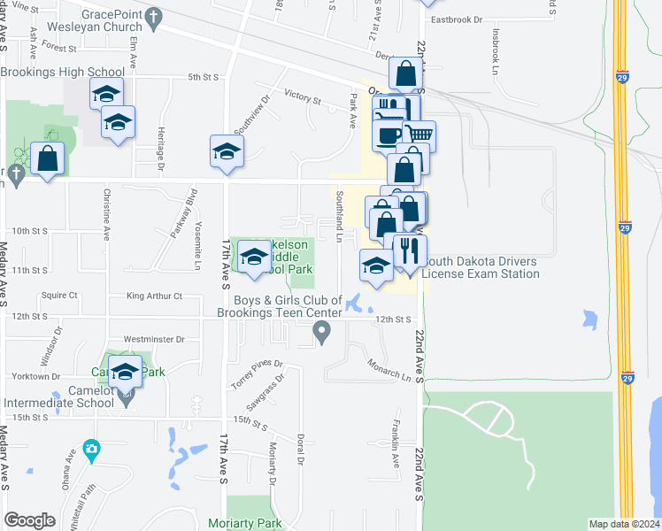 map of restaurants, bars, coffee shops, grocery stores, and more near 1016 Southland Lane in Brookings