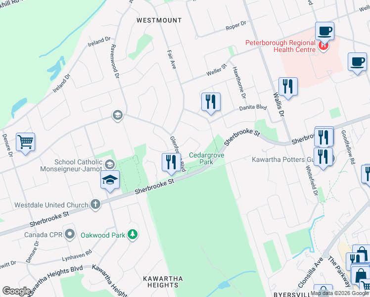 map of restaurants, bars, coffee shops, grocery stores, and more near 1349 Eagle Crescent in Peterborough