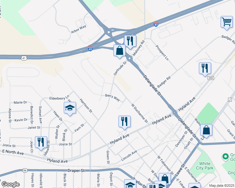 map of restaurants, bars, coffee shops, grocery stores, and more near 1141 Ben's Way in Kaukauna