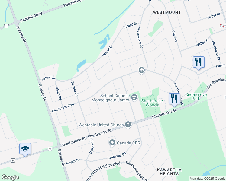 map of restaurants, bars, coffee shops, grocery stores, and more near 1381 White Crescent in Peterborough