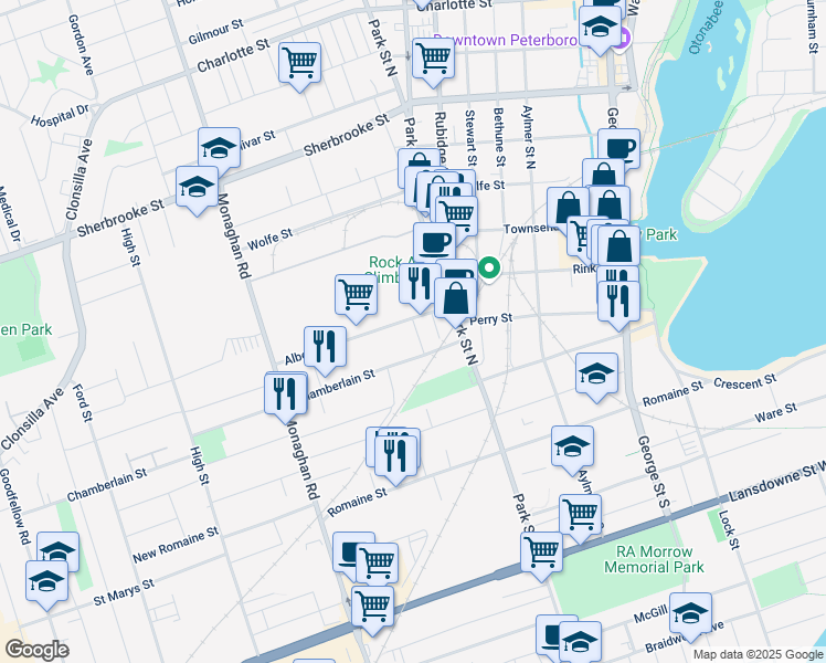 map of restaurants, bars, coffee shops, grocery stores, and more near 49 Lafayette Avenue in Peterborough