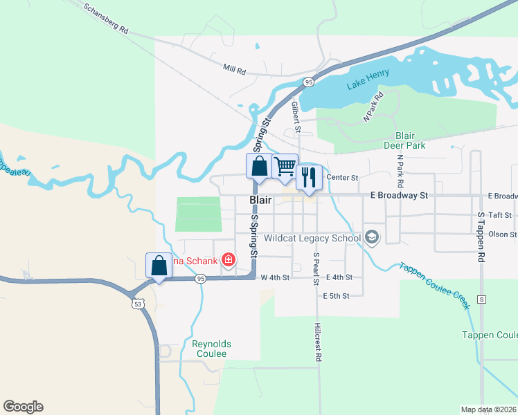 map of restaurants, bars, coffee shops, grocery stores, and more near 417 West 1st Street in Blair