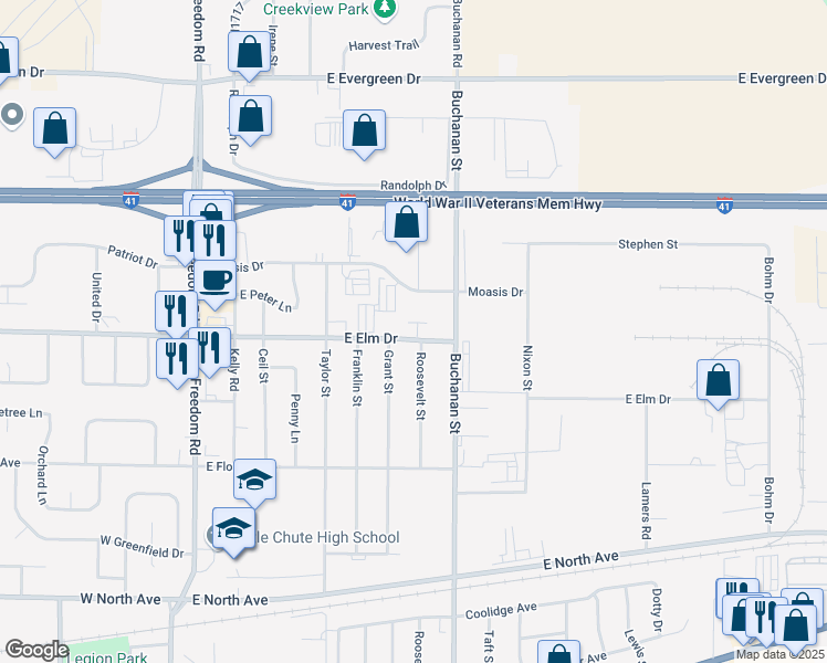 map of restaurants, bars, coffee shops, grocery stores, and more near 944 East Elm Drive in Little Chute