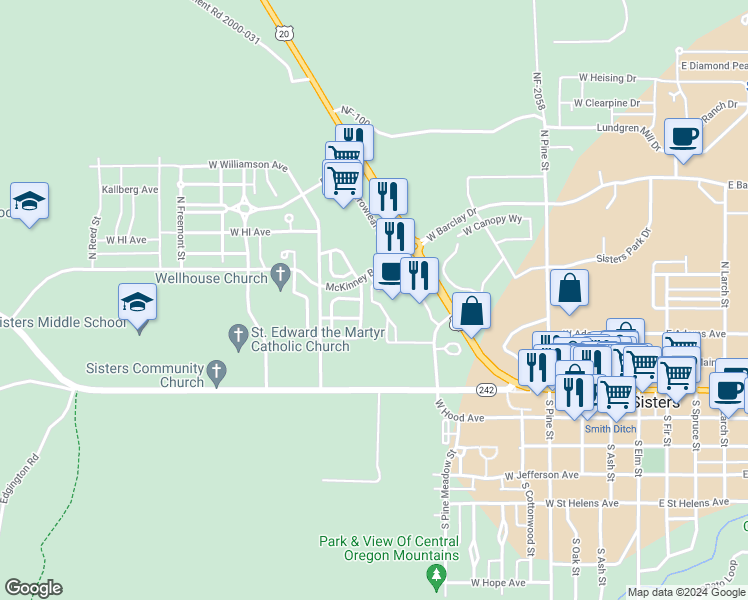 map of restaurants, bars, coffee shops, grocery stores, and more near 378 North Wheeler Loop in Sisters