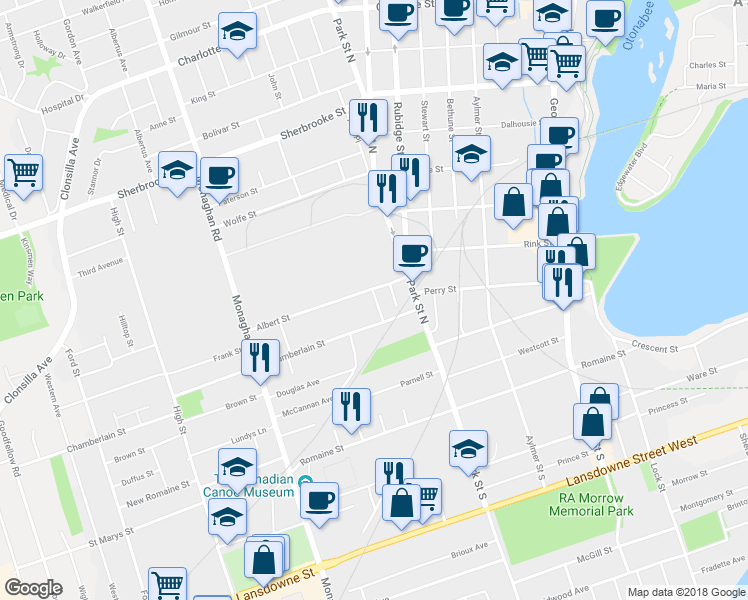 map of restaurants, bars, coffee shops, grocery stores, and more near in Peterborough