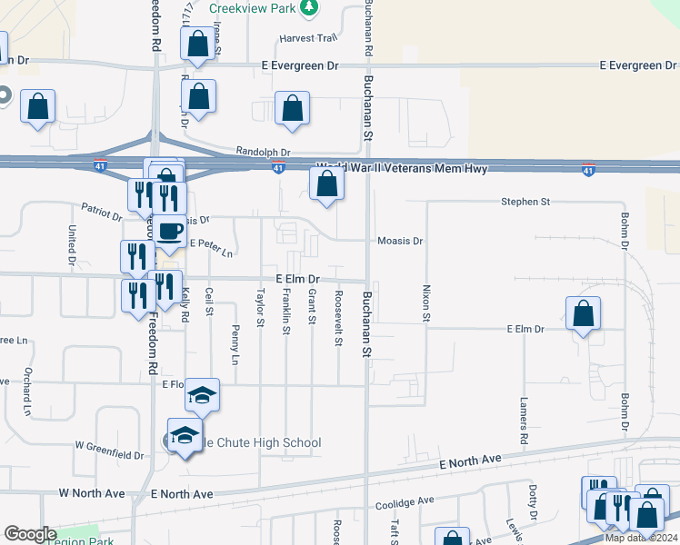 map of restaurants, bars, coffee shops, grocery stores, and more near 1007 East Elm Drive in Little Chute