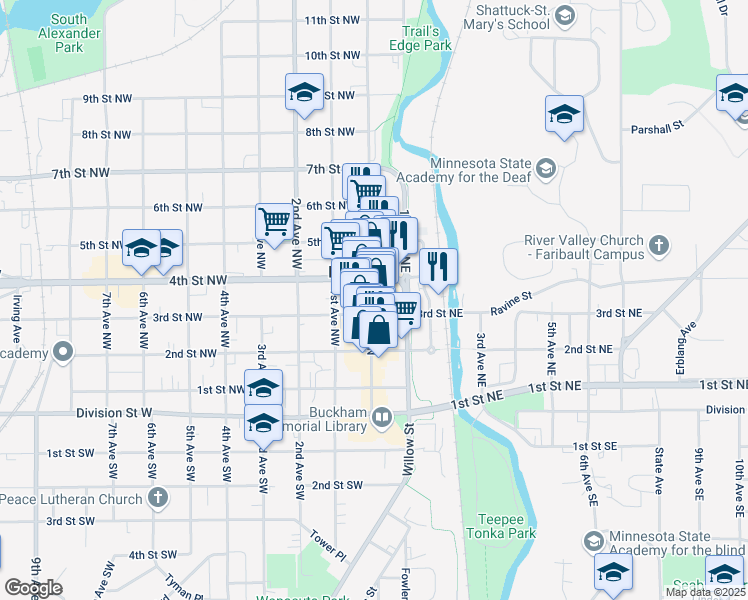 map of restaurants, bars, coffee shops, grocery stores, and more near 230 Central Avenue North in Faribault