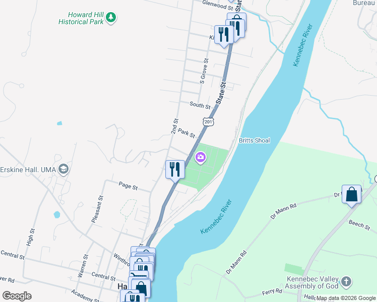 map of restaurants, bars, coffee shops, grocery stores, and more near 19 Water Street in Hallowell