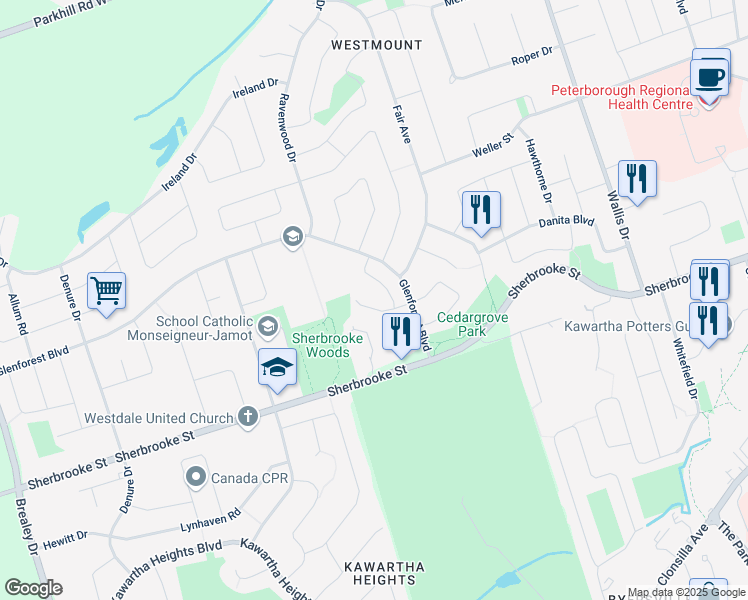 map of restaurants, bars, coffee shops, grocery stores, and more near 1402 Hancox Court in Peterborough