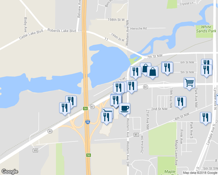 map of restaurants, bars, coffee shops, grocery stores, and more near 2147 Baker Trail in Faribault