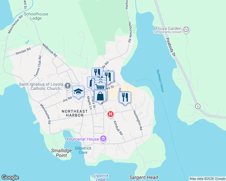 map of restaurants, bars, coffee shops, grocery stores, and more near 108 Kimball Lane in Mount Desert