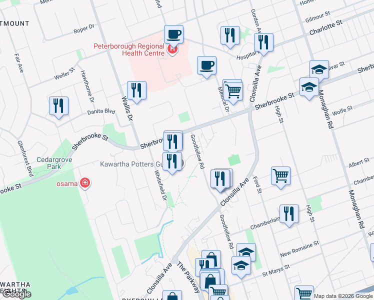 map of restaurants, bars, coffee shops, grocery stores, and more near 839 Talwood Drive in Peterborough