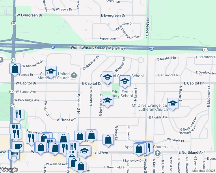 map of restaurants, bars, coffee shops, grocery stores, and more near 3310 North Durkee Street in Appleton
