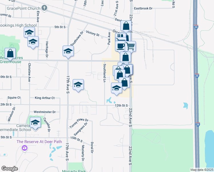 map of restaurants, bars, coffee shops, grocery stores, and more near 1009 Southland Lane in Brookings