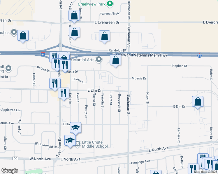 map of restaurants, bars, coffee shops, grocery stores, and more near 830 East Elm Drive in Little Chute