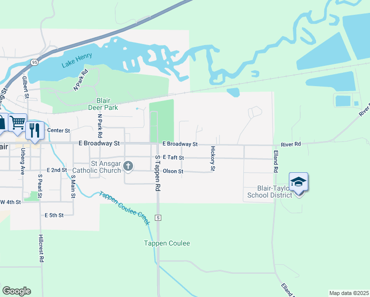 map of restaurants, bars, coffee shops, grocery stores, and more near 836 East Broadway Street in Blair