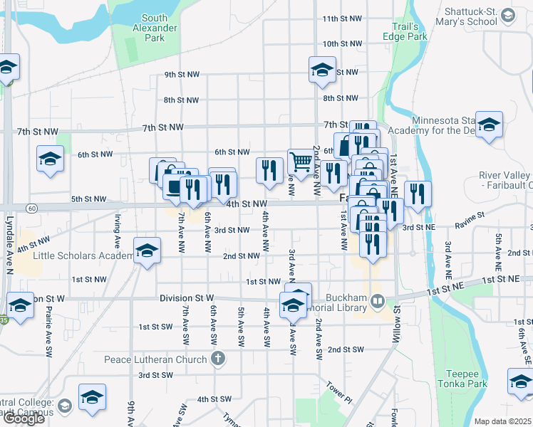 map of restaurants, bars, coffee shops, grocery stores, and more near 328 4th Street Northwest in Faribault