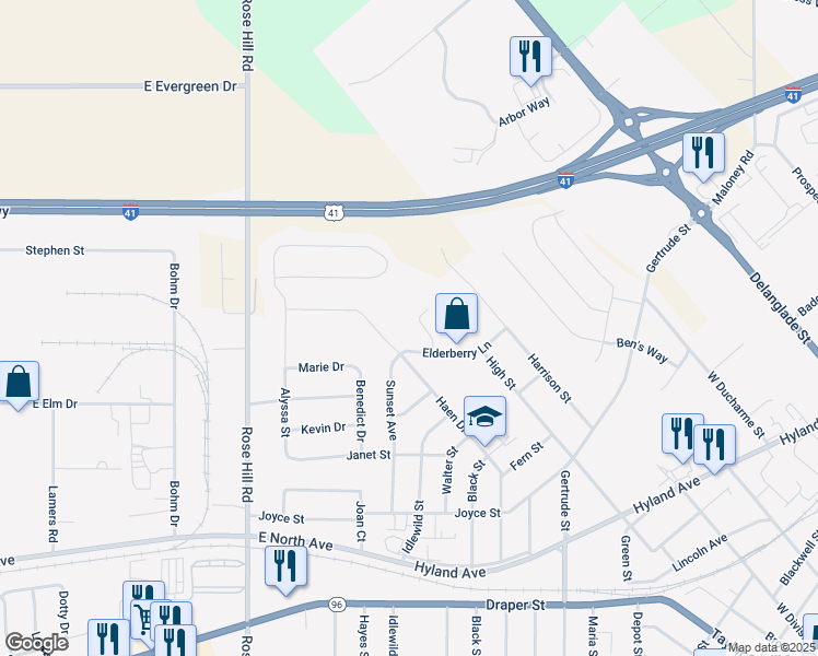 map of restaurants, bars, coffee shops, grocery stores, and more near 1351 Kay Drive in Kaukauna