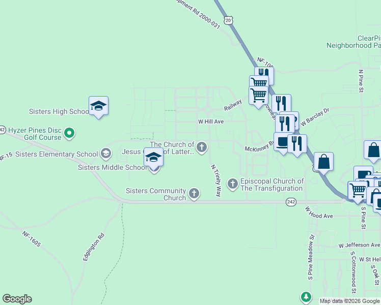 map of restaurants, bars, coffee shops, grocery stores, and more near 1307 McKinney Butte Road in Sisters