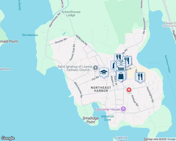 map of restaurants, bars, coffee shops, grocery stores, and more near 7 Nursery Lane in Mount Desert