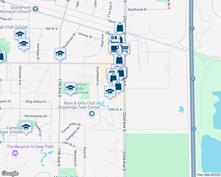 map of restaurants, bars, coffee shops, grocery stores, and more near 1099 Southland Lane in Brookings