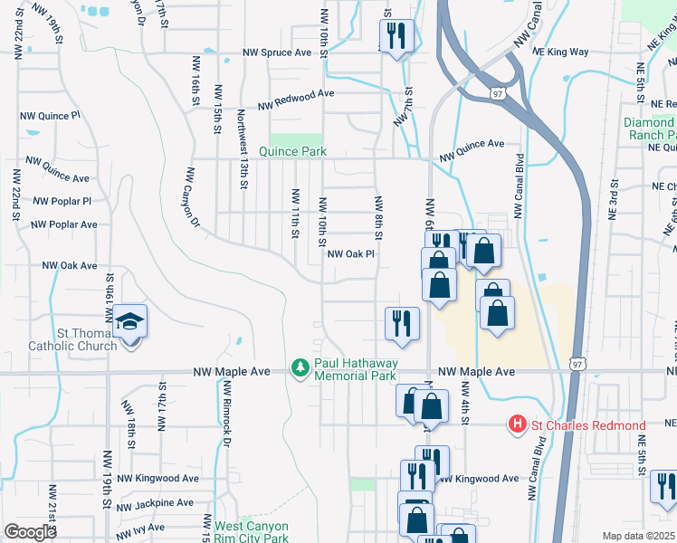 map of restaurants, bars, coffee shops, grocery stores, and more near 903 Northwest Oak Place in Redmond