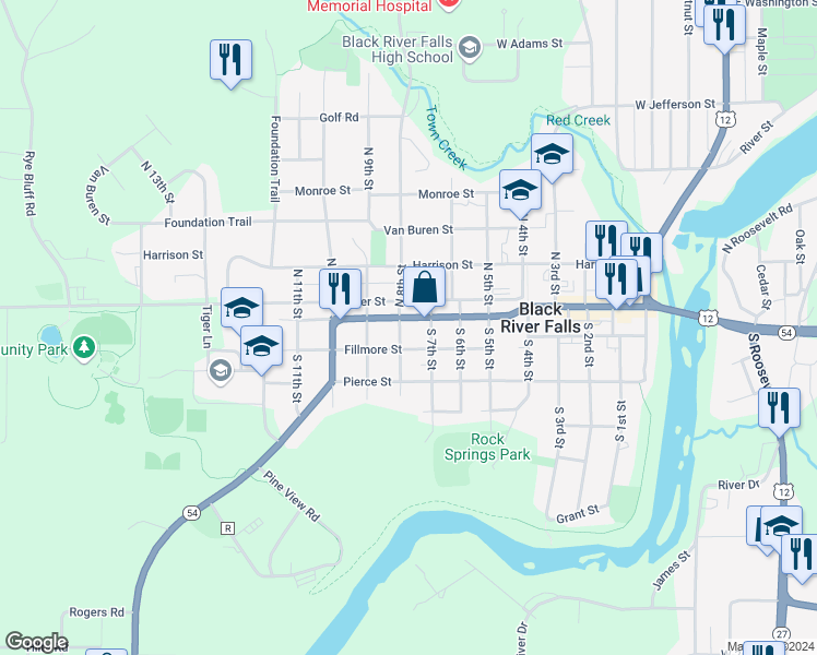 map of restaurants, bars, coffee shops, grocery stores, and more near 719 Main Street in Black River Falls