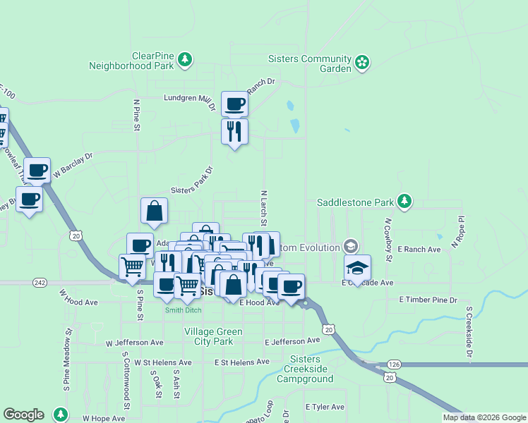 map of restaurants, bars, coffee shops, grocery stores, and more near 513 North Larch Street in Sisters