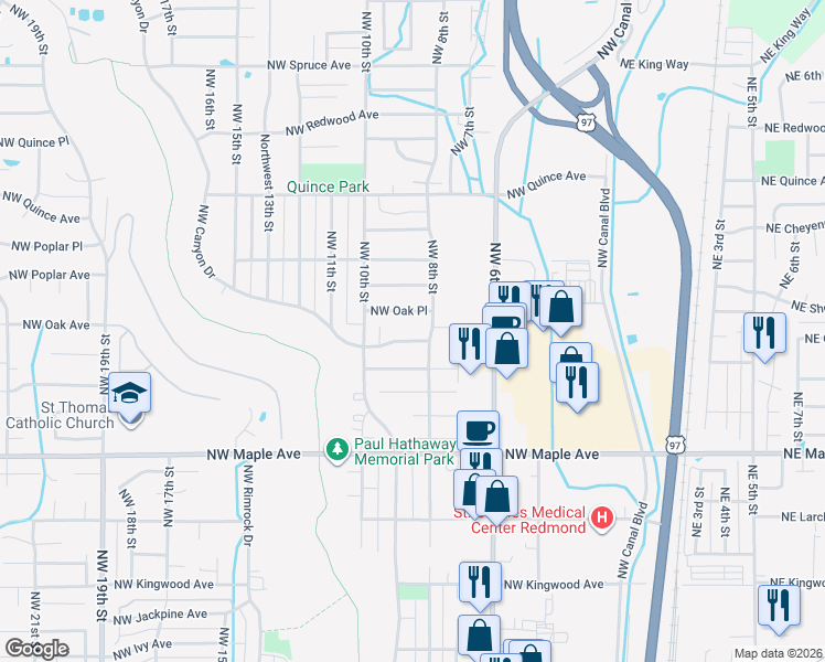 map of restaurants, bars, coffee shops, grocery stores, and more near 903 Northwest Oak Place in Redmond