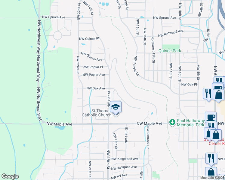 map of restaurants, bars, coffee shops, grocery stores, and more near 1825 Northwest Cliffside Way in Redmond