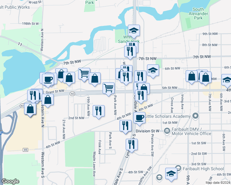 map of restaurants, bars, coffee shops, grocery stores, and more near 404 Park Avenue Northwest in Faribault