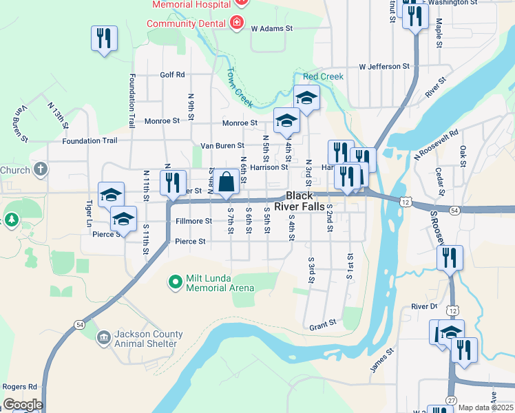 map of restaurants, bars, coffee shops, grocery stores, and more near 407 Main Street in Black River Falls