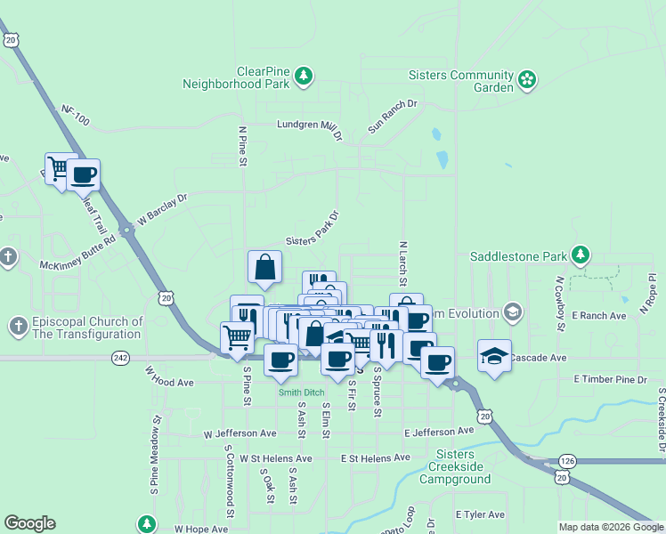 map of restaurants, bars, coffee shops, grocery stores, and more near 481 North Songbird Street in Sisters