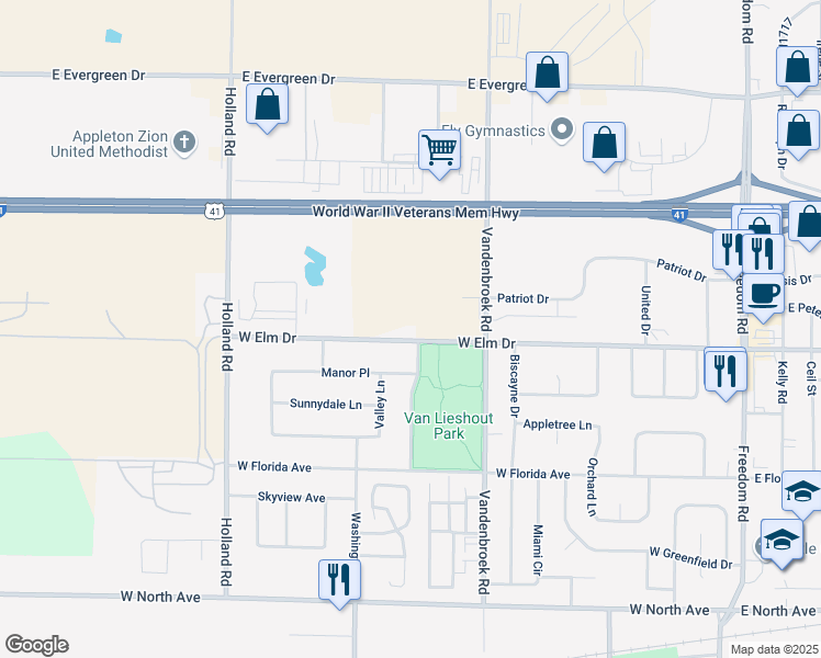 map of restaurants, bars, coffee shops, grocery stores, and more near W2760 West Elm Drive in Little Chute