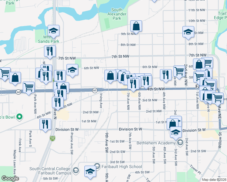 map of restaurants, bars, coffee shops, grocery stores, and more near in Faribault