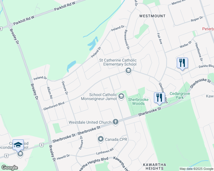 map of restaurants, bars, coffee shops, grocery stores, and more near 10 Harvard Court in Peterborough