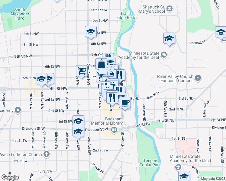 map of restaurants, bars, coffee shops, grocery stores, and more near 325 Central Avenue North in Faribault