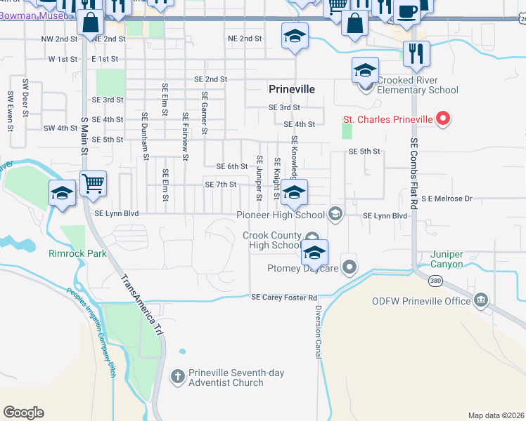 map of restaurants, bars, coffee shops, grocery stores, and more near 777 Southeast Knight Street in Prineville