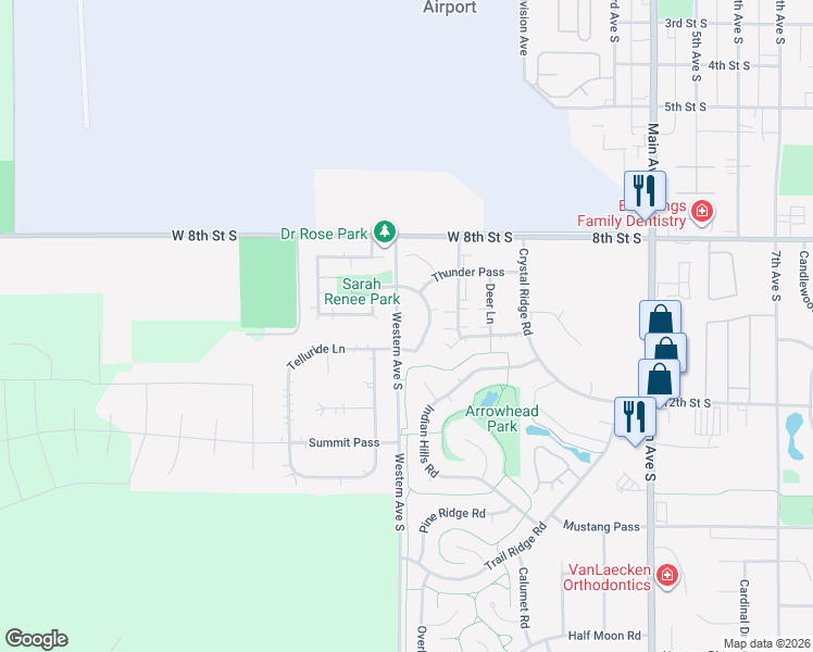 map of restaurants, bars, coffee shops, grocery stores, and more near 929 Western Avenue South in Brookings