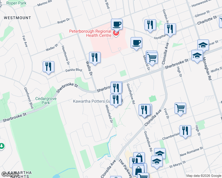 map of restaurants, bars, coffee shops, grocery stores, and more near 909 Sherbrooke Street in Peterborough